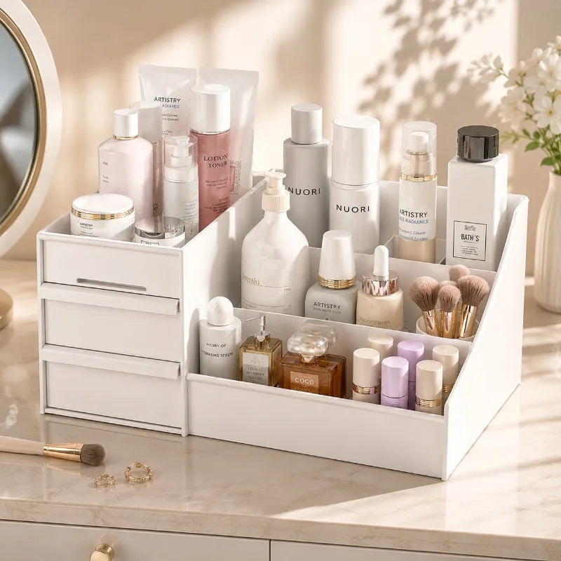 organisateur maquillage blanc tiroirs miroir pinceaux cosmétiques bijoux moderne rangement produits esthétique