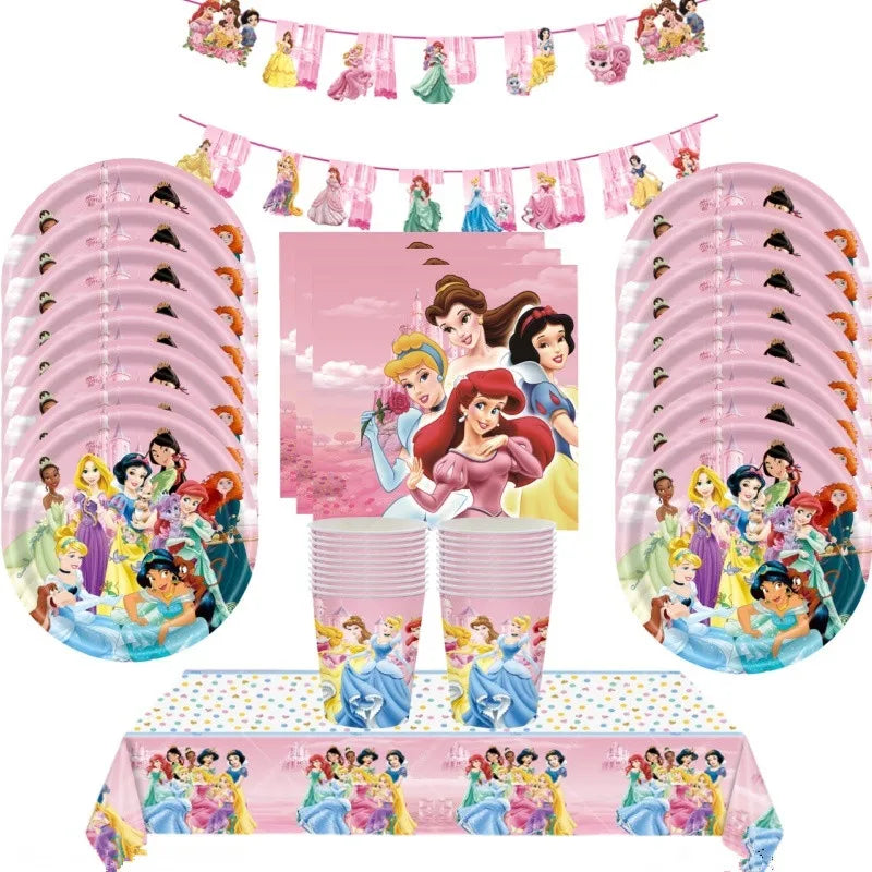 Ensemble de vaisselle jetable princesse Six avec nappe, assiettes et tasses en papier