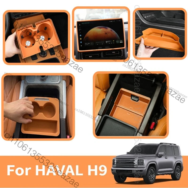 organisateur rangement voiture orange texture cuir moderne adhésif compartiments tasses objets smartphone