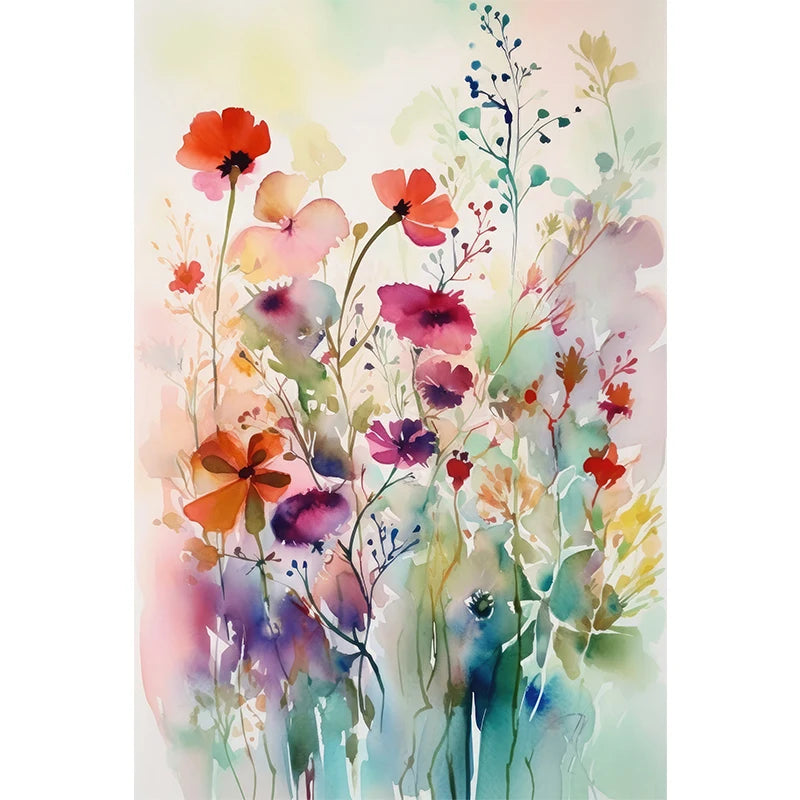 tableau moderne minimaliste multicolore fleurs aquarelle toile cadre bois chambre salon déco sans frame
