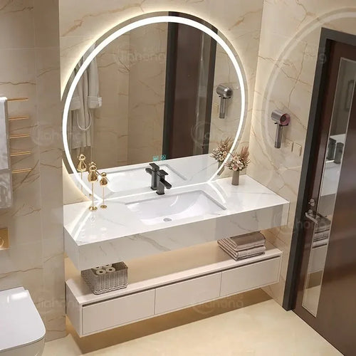 Meuble de salle de bain d'angle avec miroir et étagère de rangement serviette en pierre artificielle