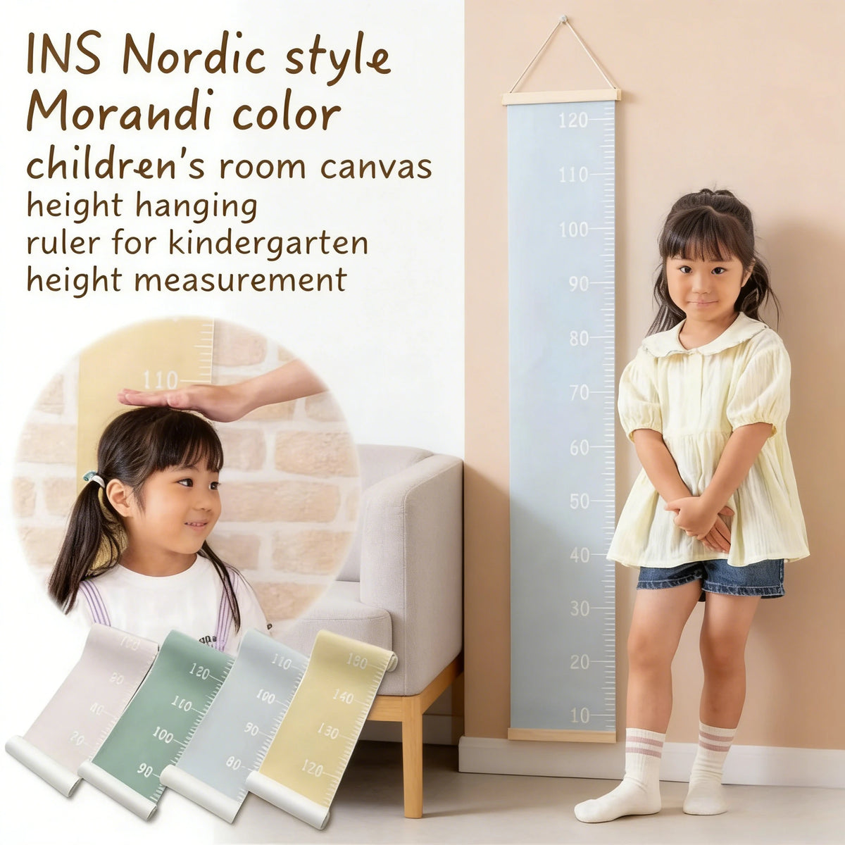 règle mesure hauteur enfant vert beige gris bleu clair minimaliste moderne crochets bois chambre