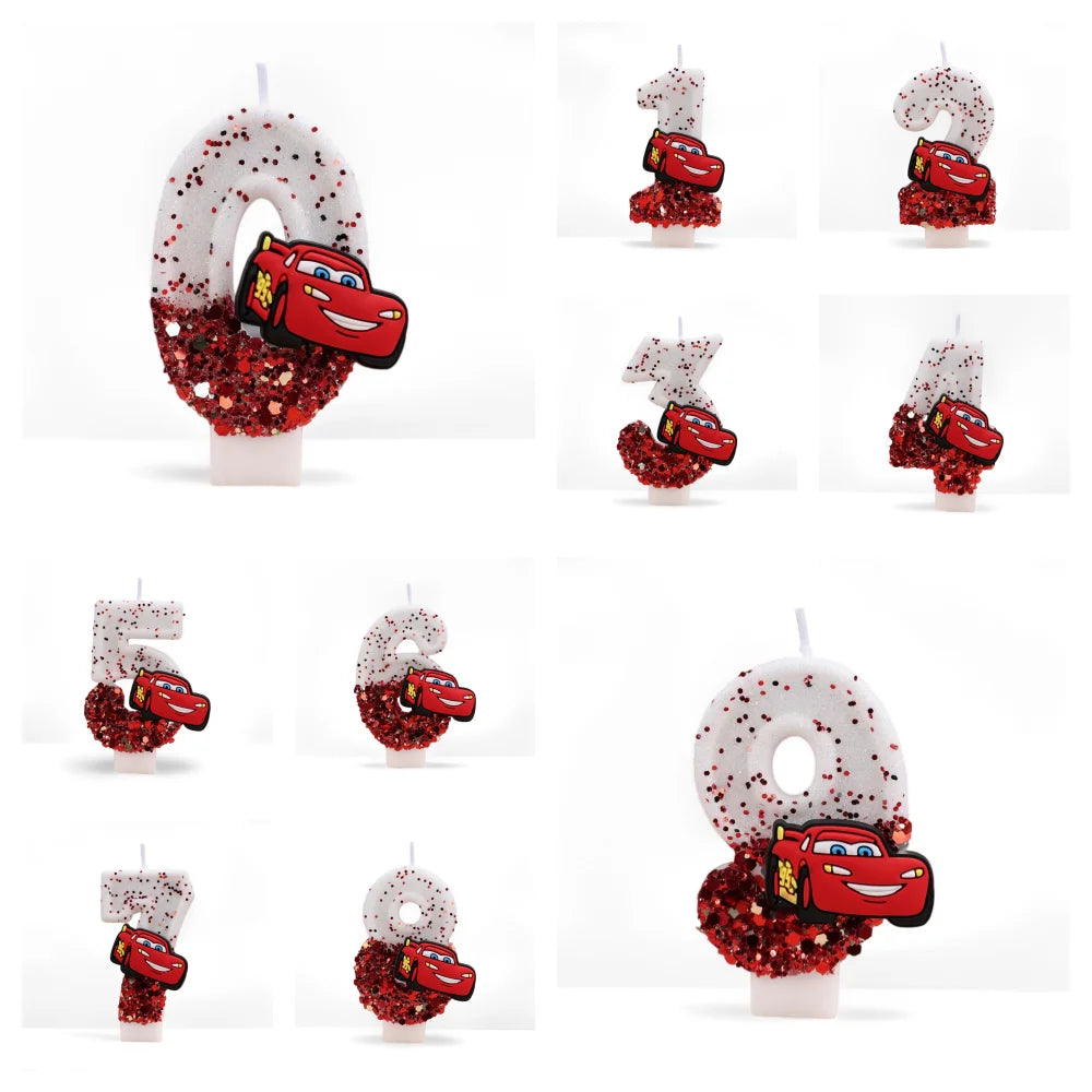 bougies anniversaire forme chiffre sequins motif voiture blanc rouge noir