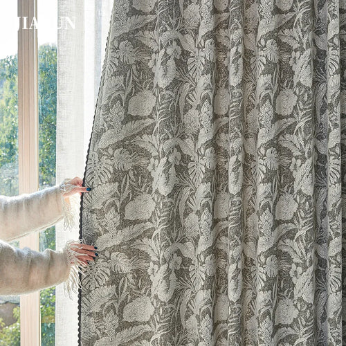 rideau classique gris beige motif floral feuilles opacité franges décoration salon maison luxe