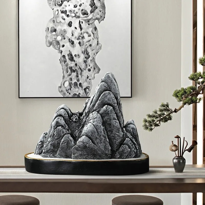 ornements résine bleu doré relief rocher artisanal moderne sculpture base noire dorée