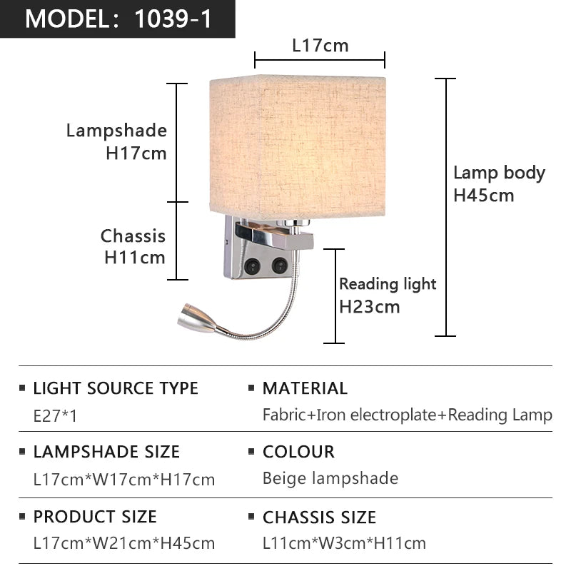 lampe murale moderne led usb interrupteur tissu blanc beige noir