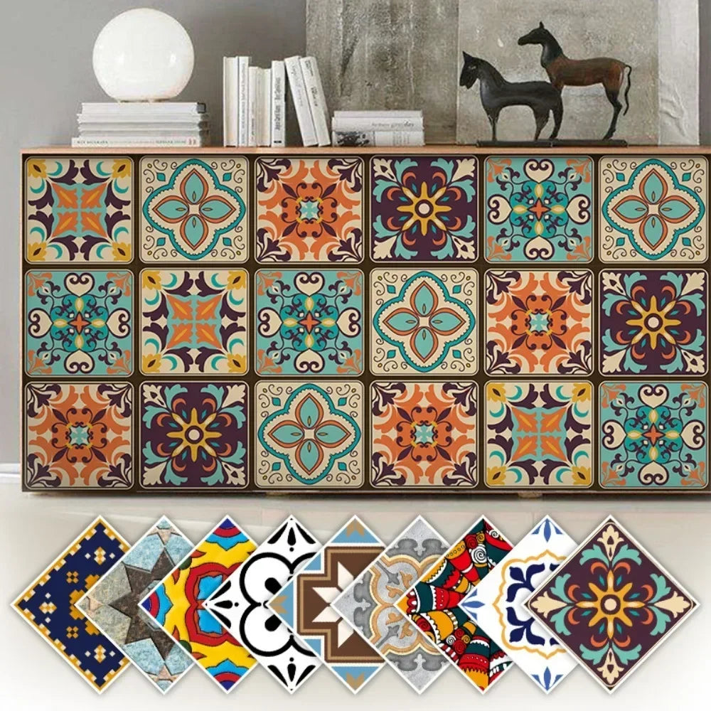 autocollants muraux vintage ethnique motifs floraux géométriques bleu vert orange marron noir blanc