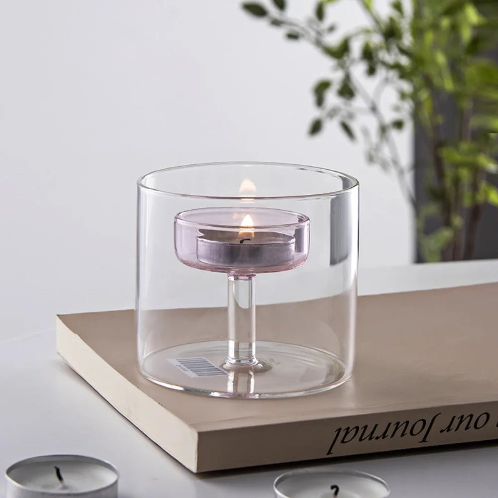 bougeoir transparent moderne bougie parfumée pied central rose minimaliste