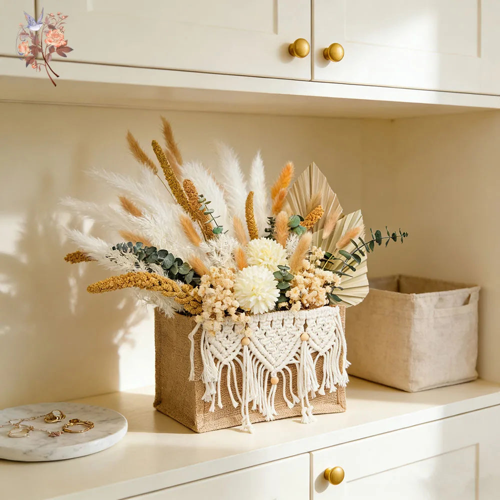 bouquets fleurs séchées pampas eucalyptus panier tressé décoration bohème anniversaire maison festive