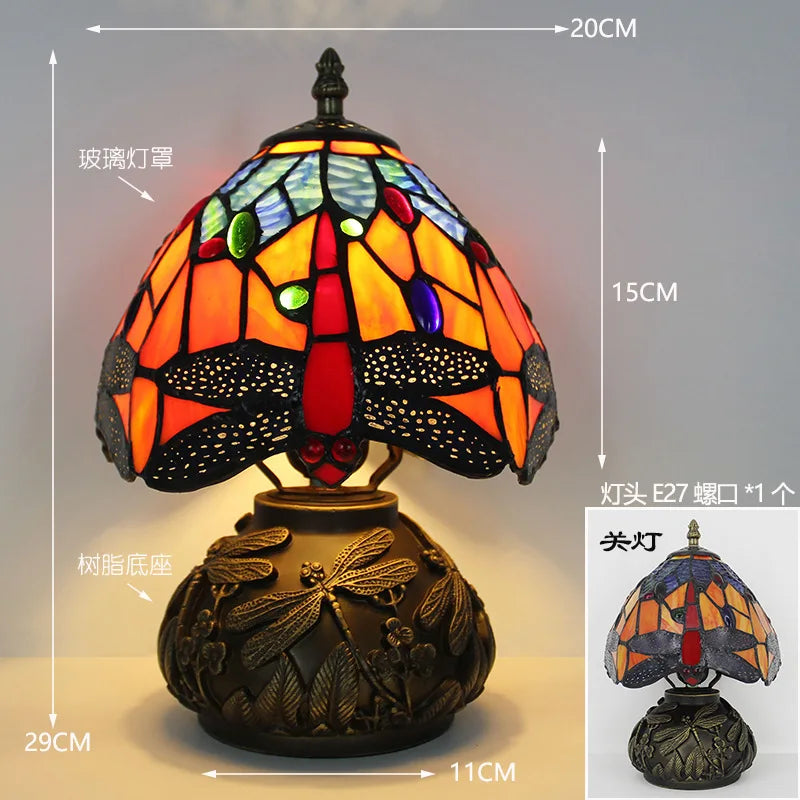 lampe table tiffany verre coloré motifs floraux interrupteur bouton classique multicolore