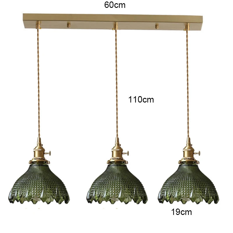 suspension lumineuse vintage vert doré motifs géométriques ampoules câbles chaînes métal