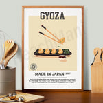 Affiche promotionnelle illustrant des gyozas, des boulettes de viande et de légumes enveloppées dans une pâte fine, fabriquées au Japon en 1997. Le texte indique que les gyozas sont un plat populaire en Chine et au Japon.