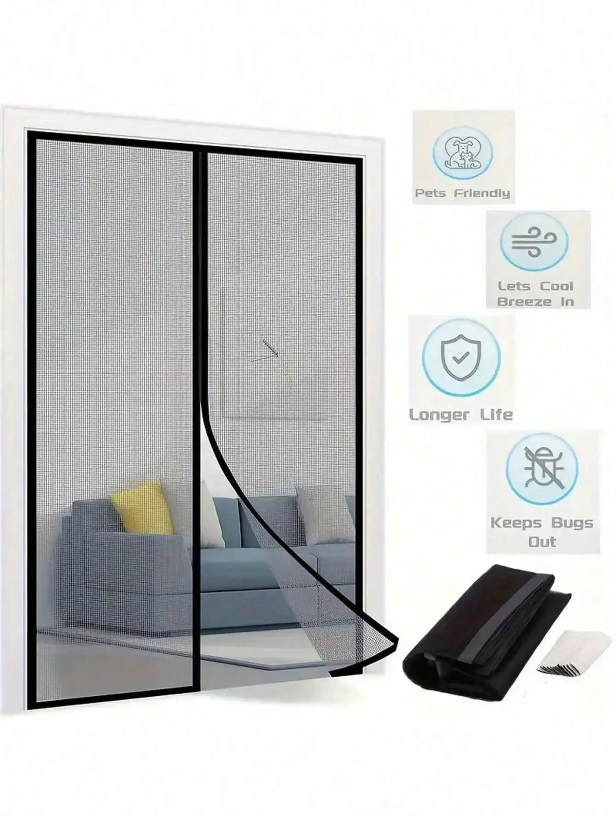 rideau porte magnétique noir maille fine moderne aimants corde rangement 100cm 210cm