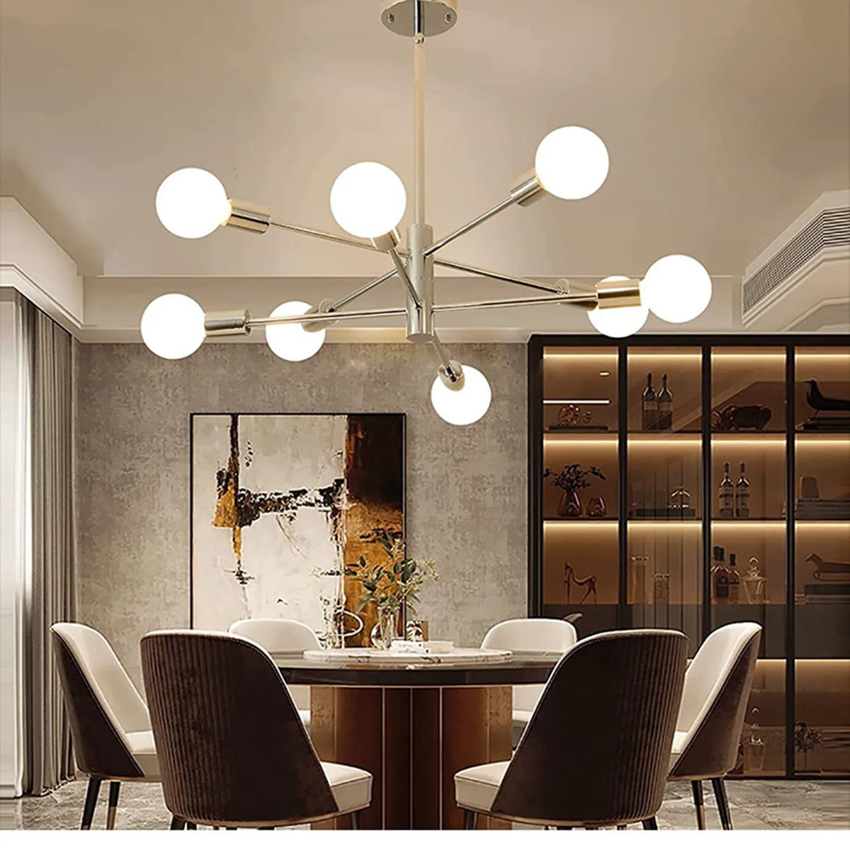 lustre moderne 10 ampoules doré noir chrome sphères blanches structure métallique scandinave