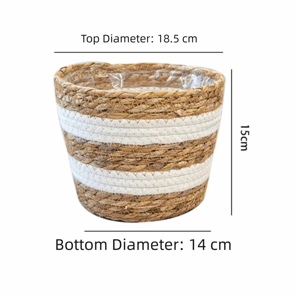 panier bohème cylindrique texture fibreuse strié beige blanc intérieur transparent plantes fleurs