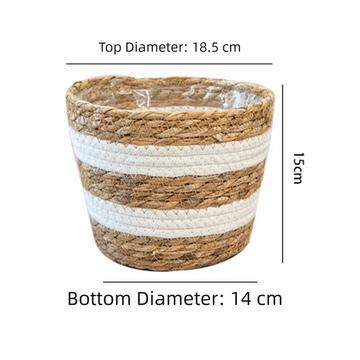panier bohème cylindrique texture fibreuse strié beige blanc intérieur transparent plantes fleurs