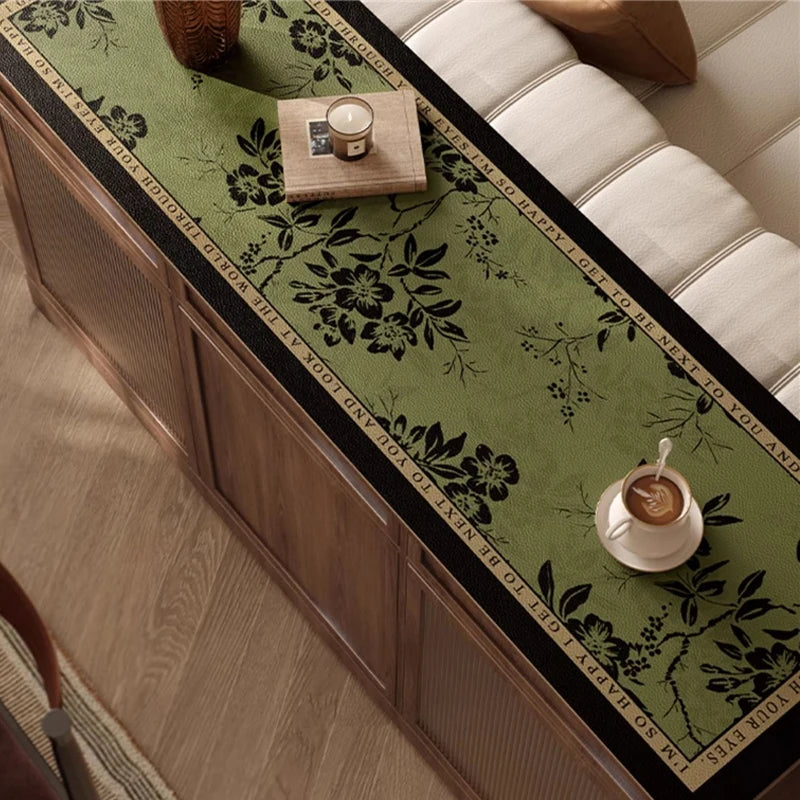 tapis table vert olive fleurs noires bordure noire classique intérieur extérieur mariage fête