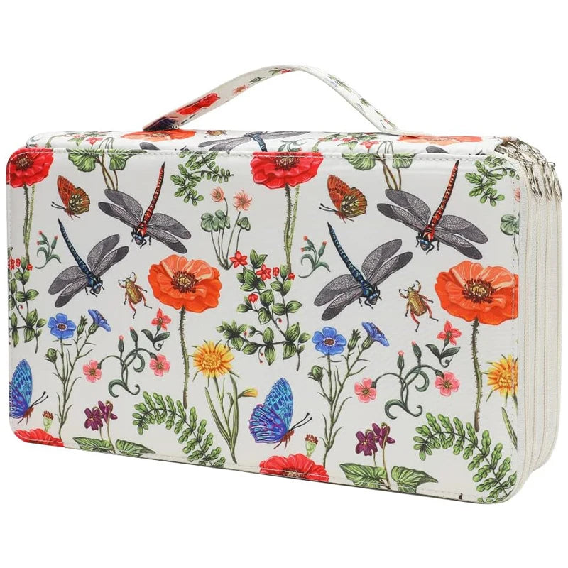 boîte crayons fleurs papillons zips 200 trous tissu polyestère moderne bleu vertclair