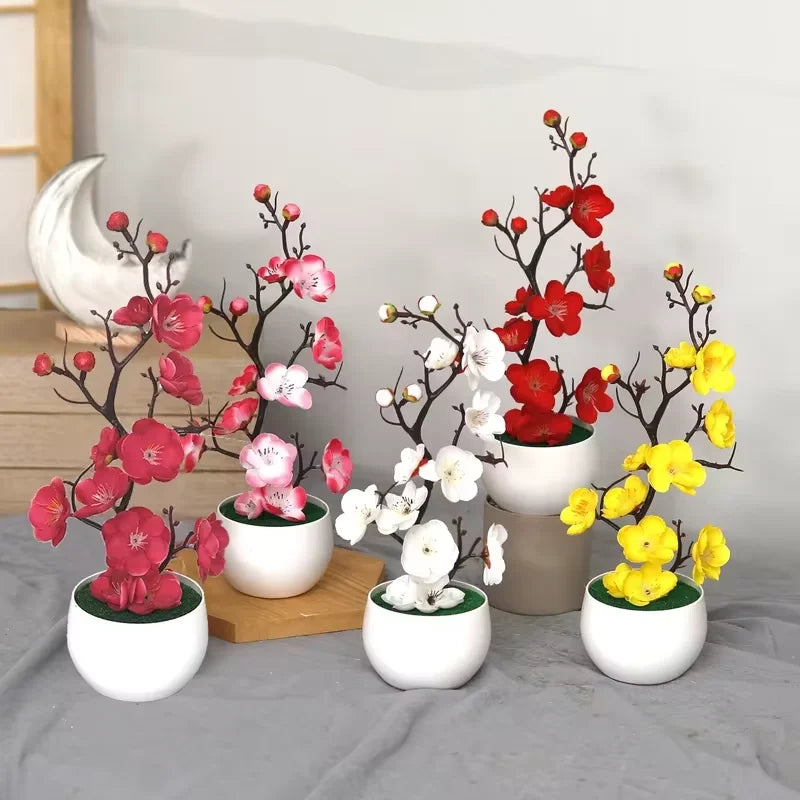 décoration intérieure plante artificielle bonsaï fleurs simples feuilles roses blanches rouges jaunes moderne minimaliste
