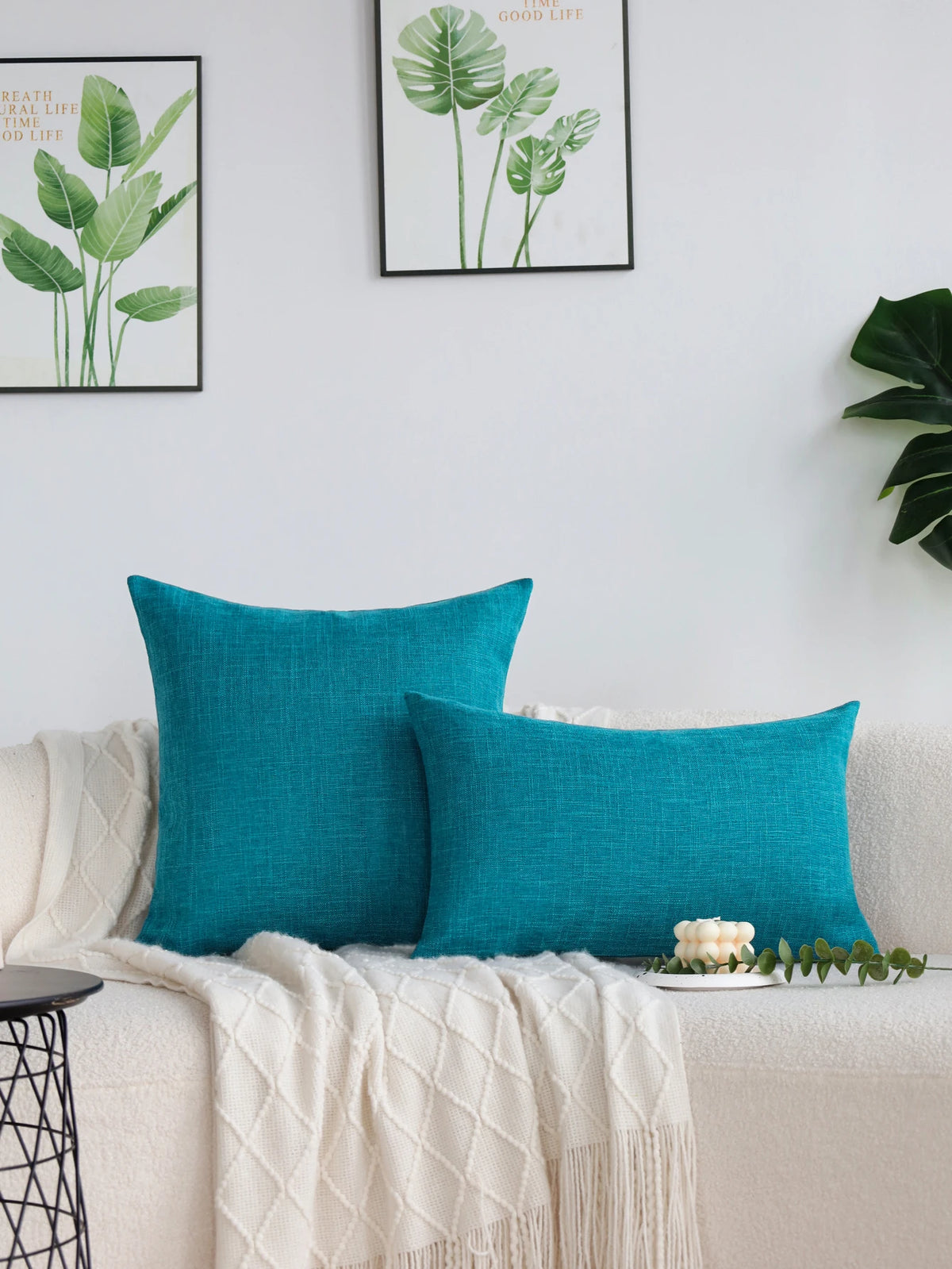 taie d'oreiller bleu turquoise lin moderne 45x45cm carré nordique fixations respectueux environnement decoration maison