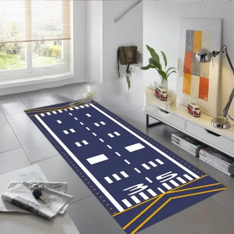 tapis polyester antidérapant thème aéroport bleu vert noir moderne salon chambre balcon vestibule corridor