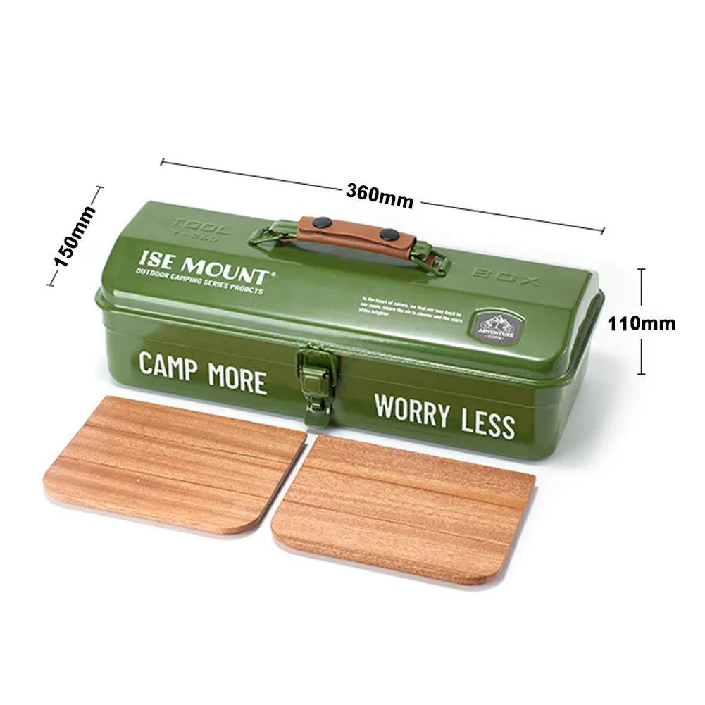 boîte outils métal poignée cuir camping rangement vintage robuste vert noir