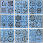 stencils mandala motifs floraux géométriques abstraits peinture mur carreaux bois tissu blanc bleu multicolore