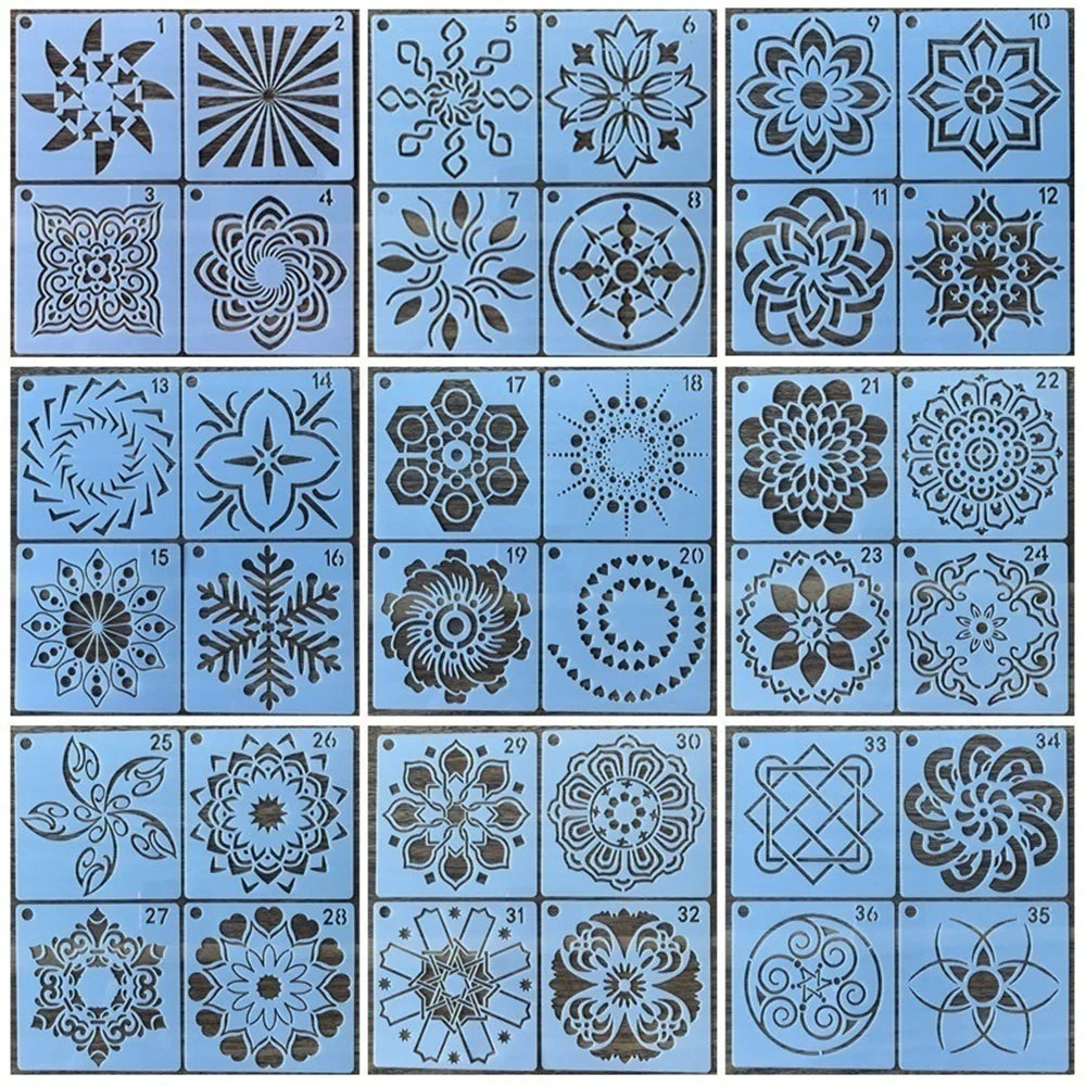 stencils mandala motifs floraux géométriques abstraits peinture mur carreaux bois tissu blanc bleu multicolore