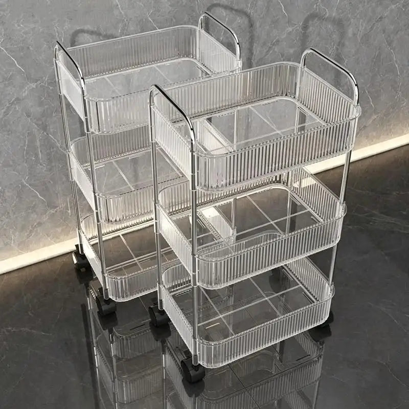 chariot roulettes transparent moderne compartiments striés rangement cosmétiques objets divers