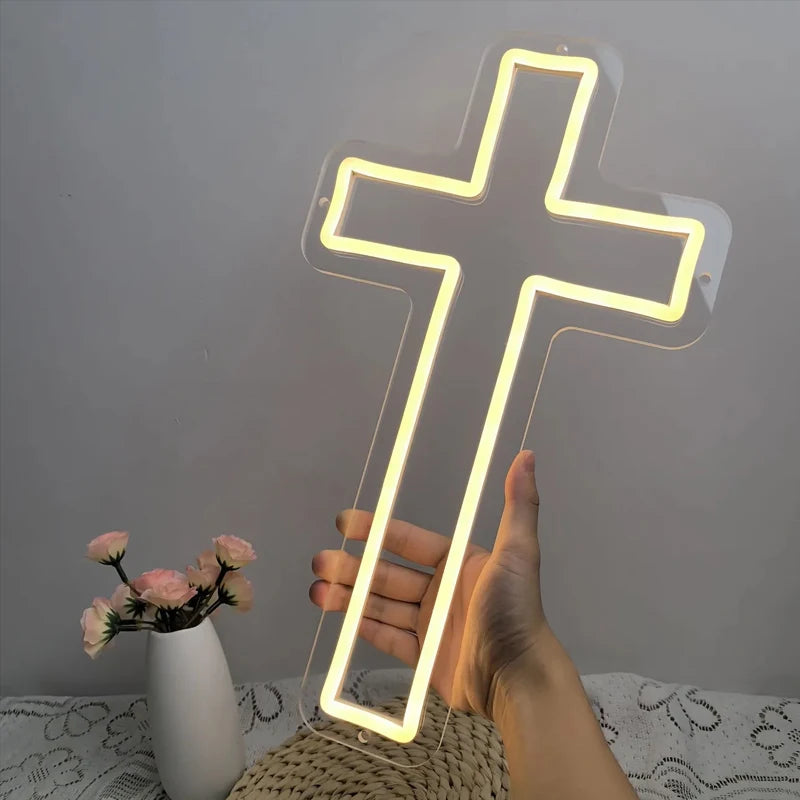 croix lumineuse rouge blanc moderne minimaliste acrylique LED chambre décoration festive Pâques Halloween