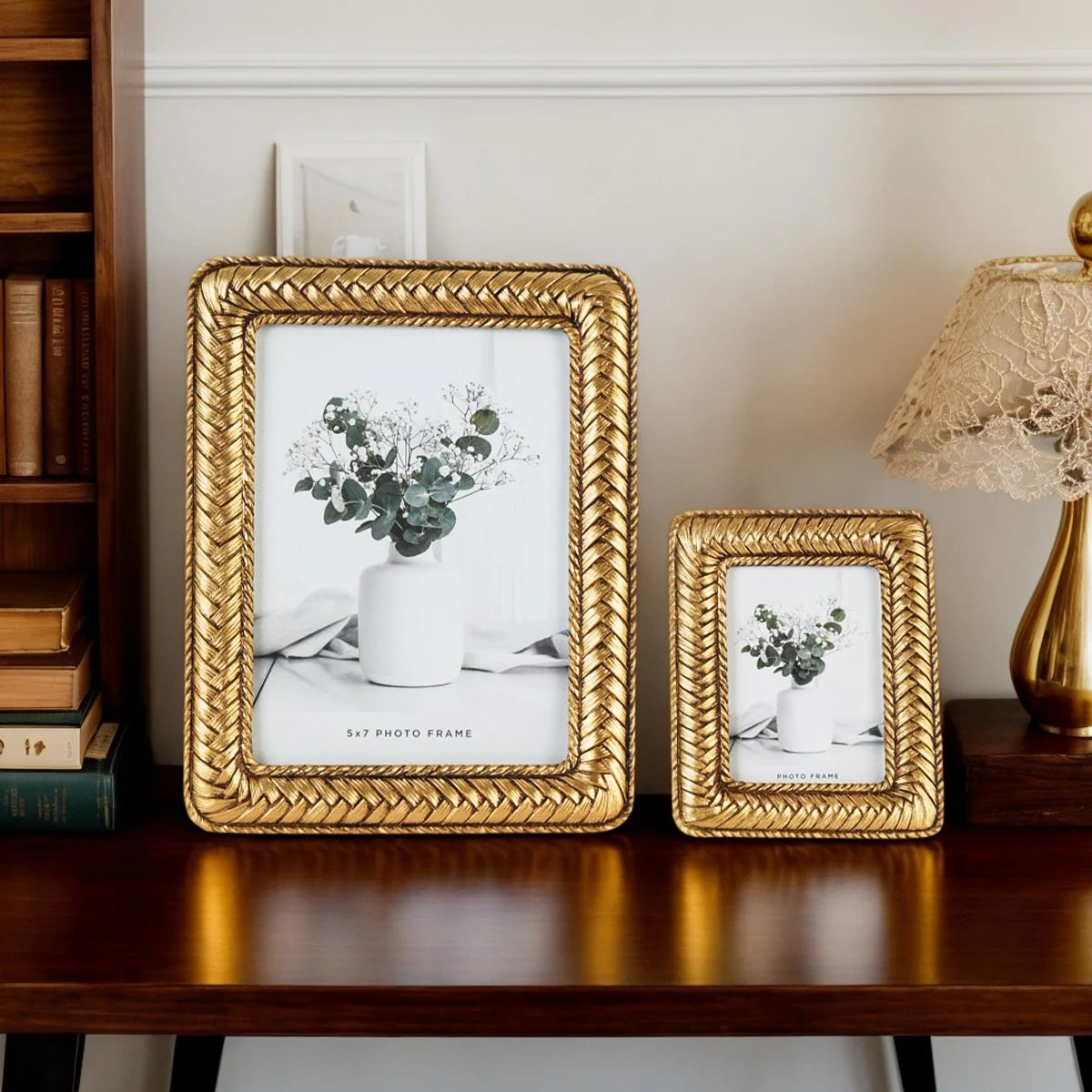 cadre photo résine tressée or decoratif moderne classique posé support