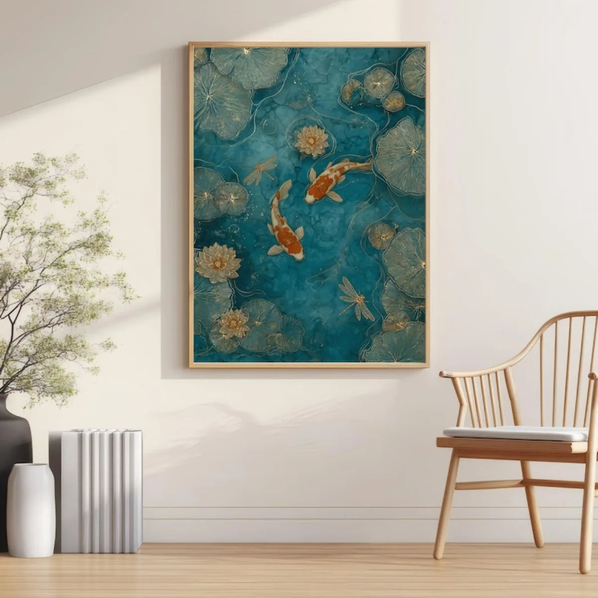 tableau moderne oriental poissons libellules feuilles lotus couleur bleu doré beige sans cadre