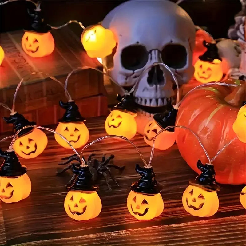 guirlande lumineuse halloween citrouilles souriant chapeaux noirs orange led piles chambre salon