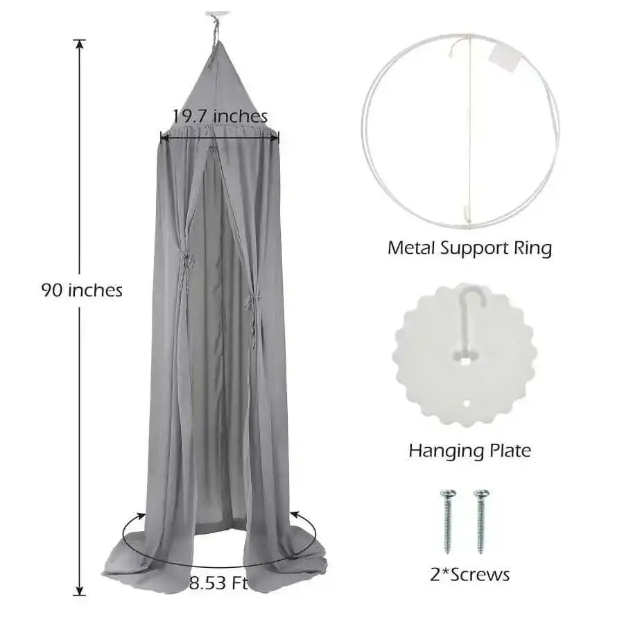 canopée lit enfant polyester gris blanc jaune rose motif floral moderne anneaux vis suspension