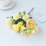 bouquet fleurs artificielles pivoines soie rose blanc violet bleu clair jaune feuillage vert décoration