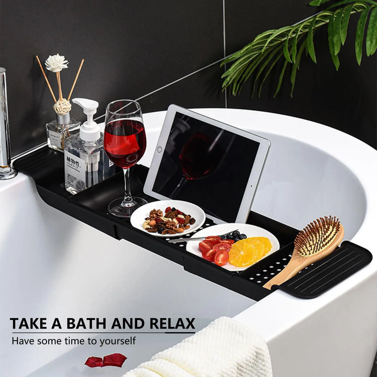 plateau bain extensible moderne noir plateau perforé baignoire rangement vin tablette serviette produits cosmétiques