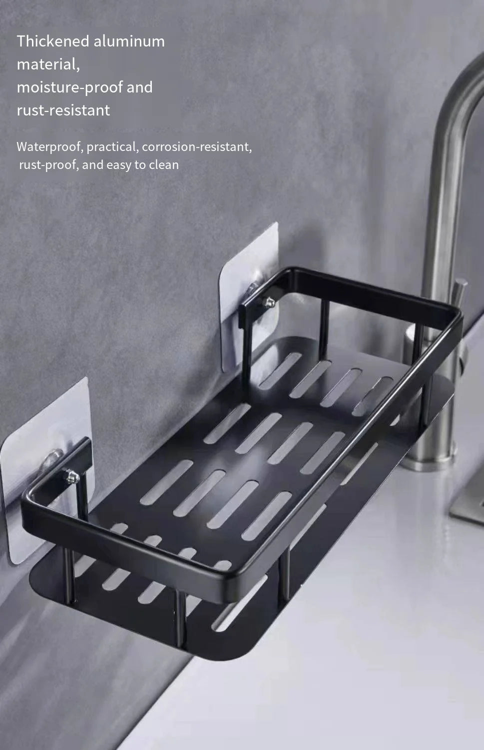 étagère murale noire acier moderne clips salle bain organisée rangement bouteilles flacons serviettes