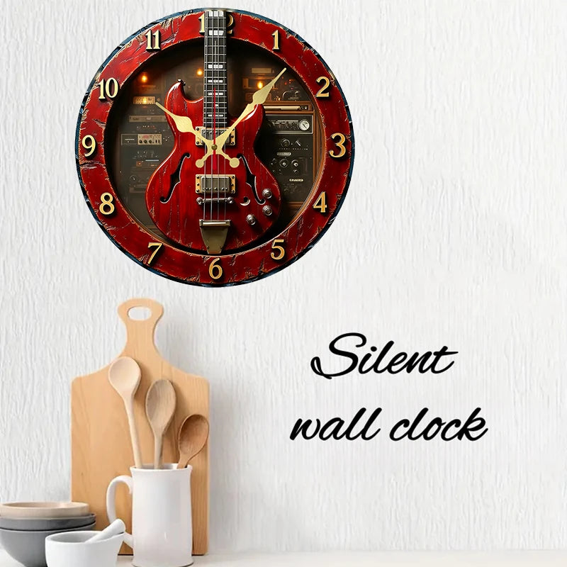horloge murale guitare rouge amplificateurs vintage rock décorative adhésif bois stylée chambre salon