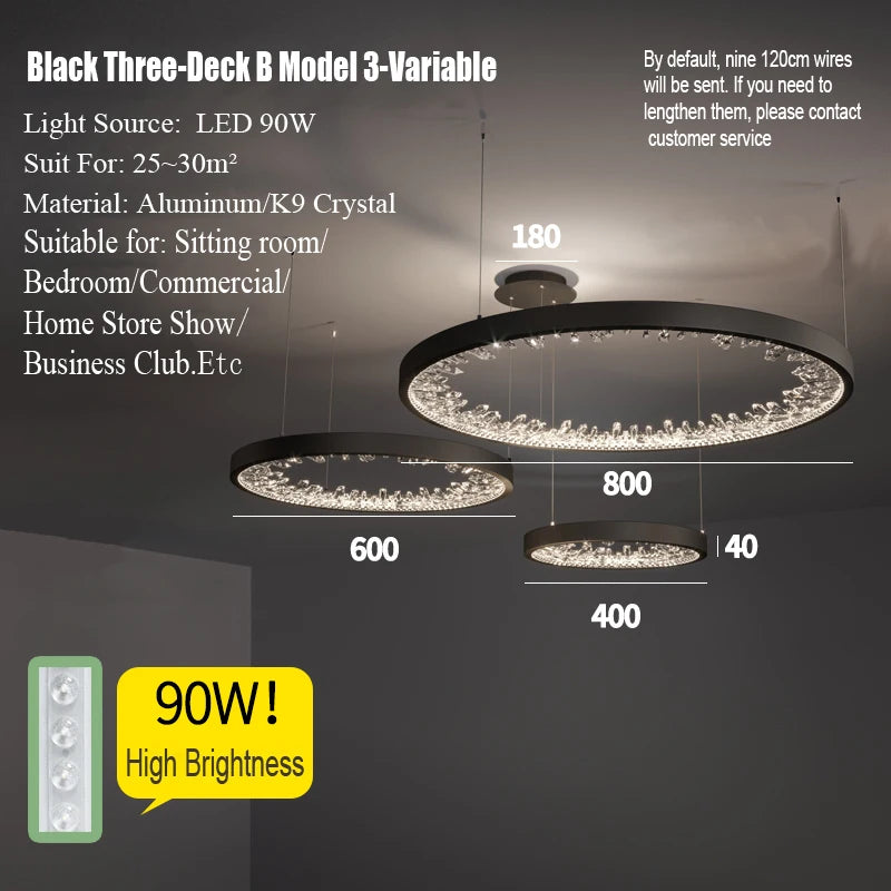 suspension lumineuse moderne or noir strass circulaire chambre salon led