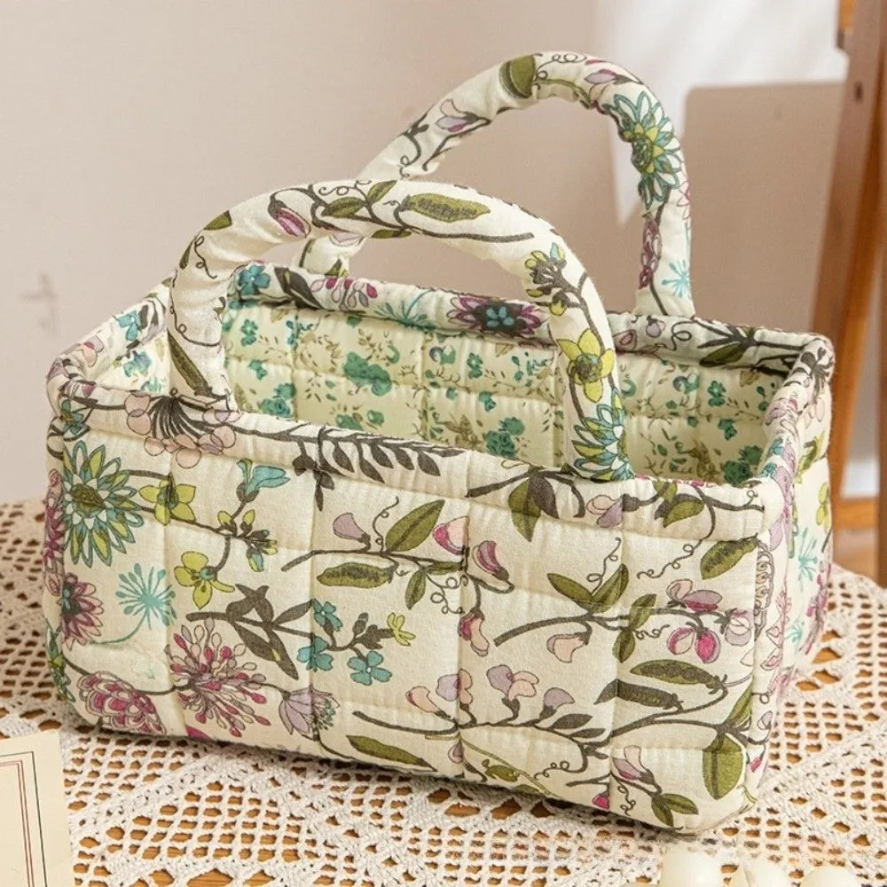 sac main fleur bleu vert beige réutilisable poignées vintage opacité multifonction portable