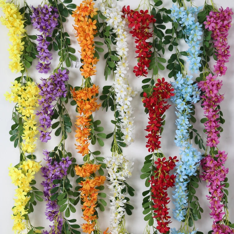 guirlande fleurs artificielles violettes blanches oranges rouges bleues jaunes feuilles vertes naturel intérieur 180cm