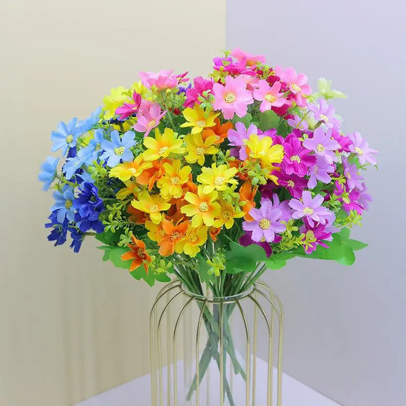 bouquet artificiel fleurs simples feuilles vertes moderne décoration intérieure opacité bleu rose jaune vert
