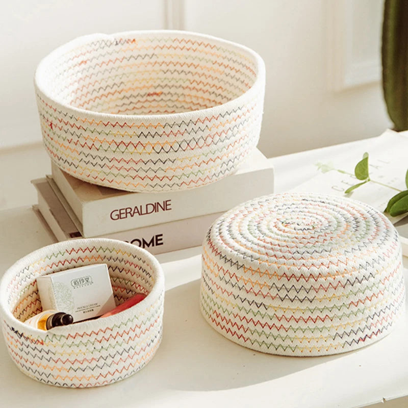 paniers rangement tissés main gris rose beige zigzag multiple opacité minimaliste réutilisable respectueux environnement