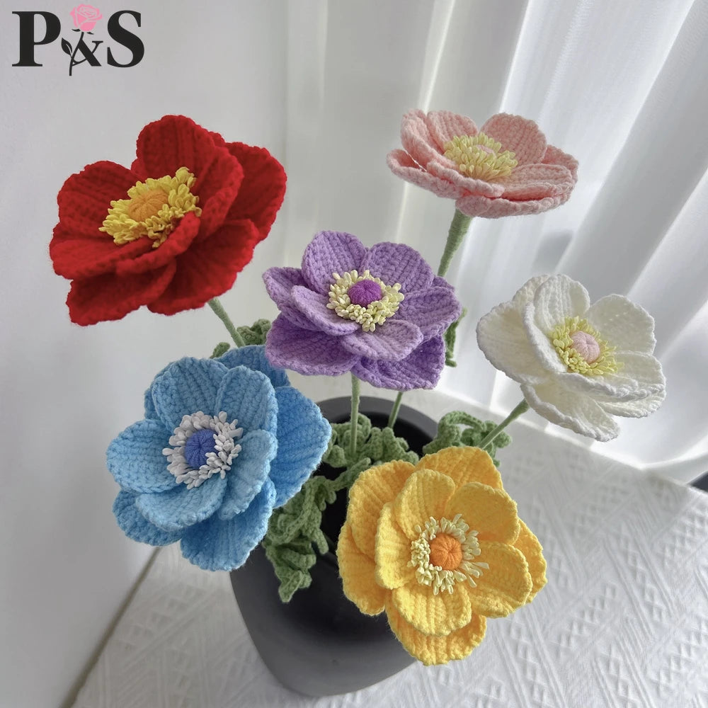 fleurs artificielles tricotées rouge rose violet bleu anniversaire décoration maison coton artisanal intérieur