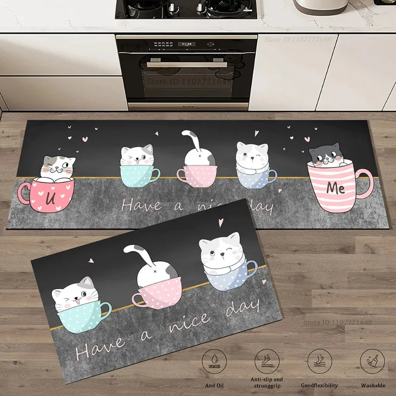 tapis moderne cuisine dessins animés chats bleu gris blanc rose noir Fresh Kitchen Happy