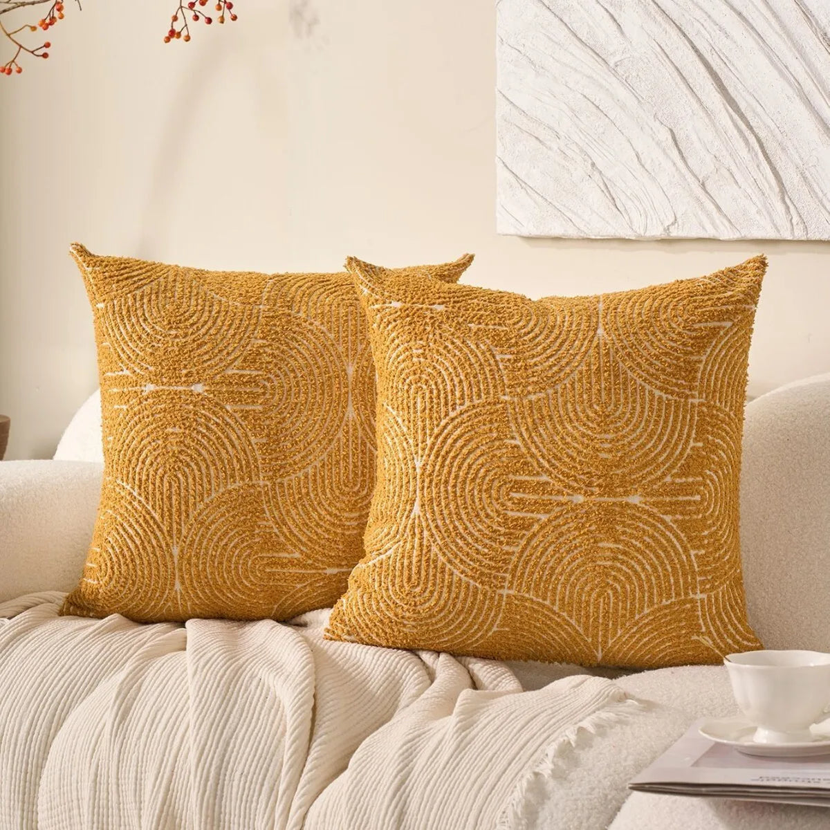 housse coussin carré brodé géométrique moderne polyester coton bleu rouge jaune gris blanc decoration