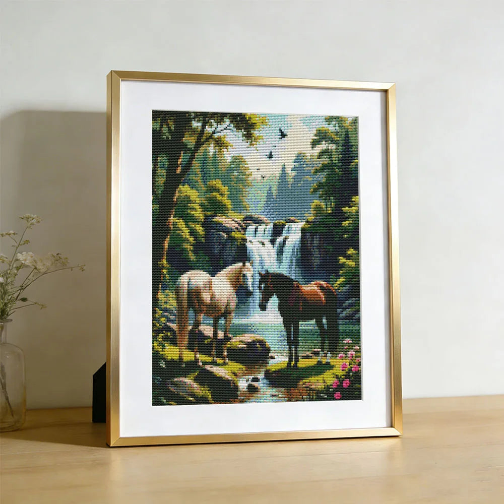 kit broderie point croix chevaux cascade forêt tissu coton fils multicolores débutants toile imprimée