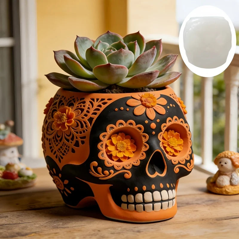 moule silicone cache pot crâne fleurs décoratif résine plante succulente jardin objet artisanal noir