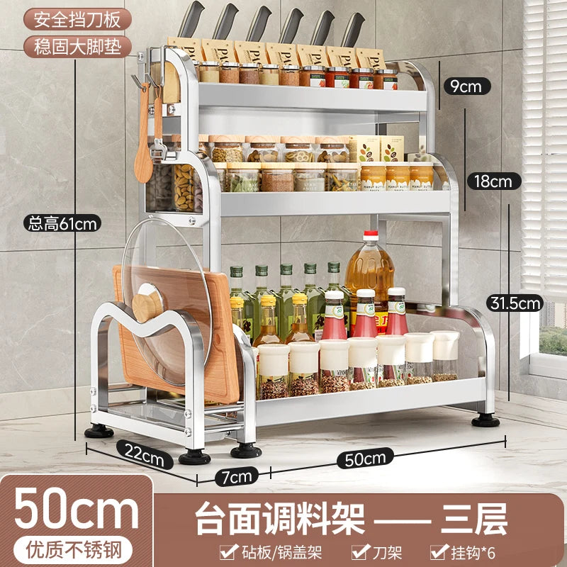 étagère cuisine métal argenté support couteaux bocaux épices rangement comptoir