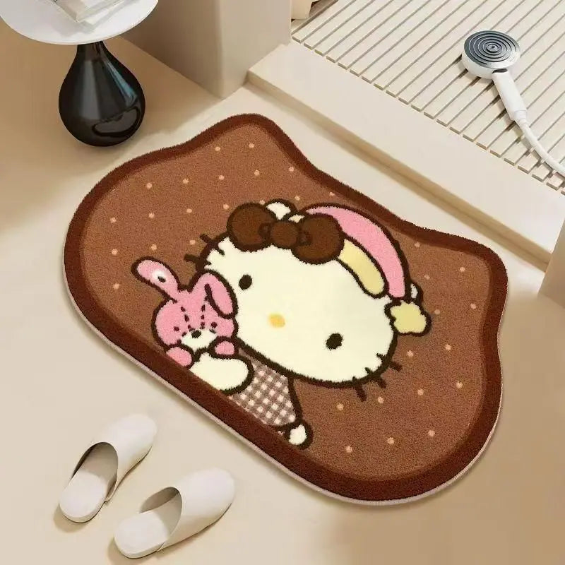 tapis salle bain hello kitty flocage antidérapant absorbant rapide rose blanc marron motifs